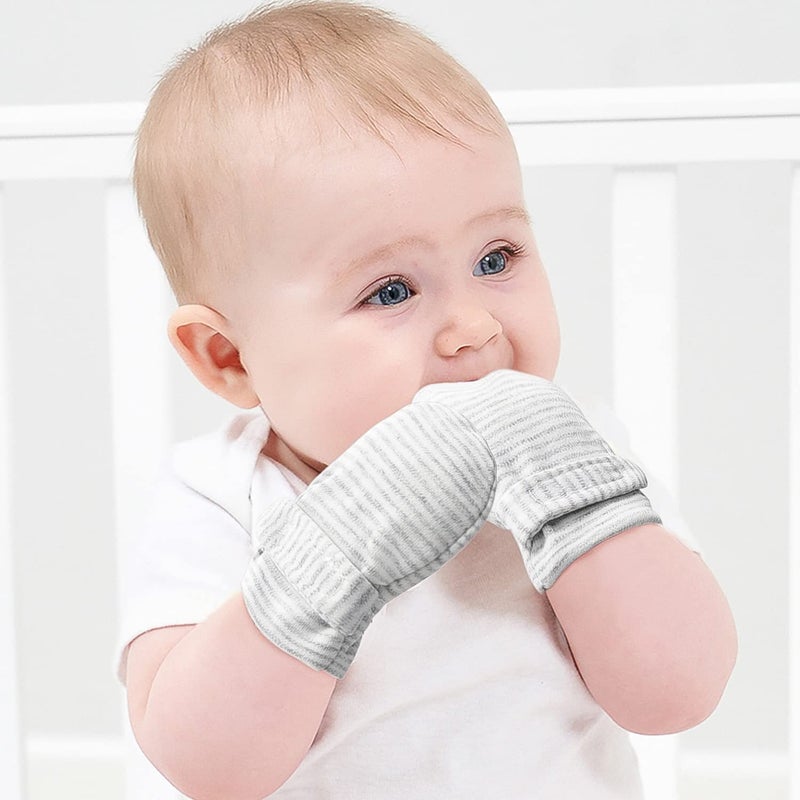 Reyow Newborn Baby No Scratch Mittens Stay On, 100% Cotton Breathable, Adjustable Infant Gloves for Baby Boys Girls Mittens (Gray Stripe, 0-3 Months) - Image 4